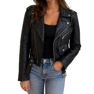First Genuine Leather Black Biker Motorcycle Jacket Belted vintage size medium